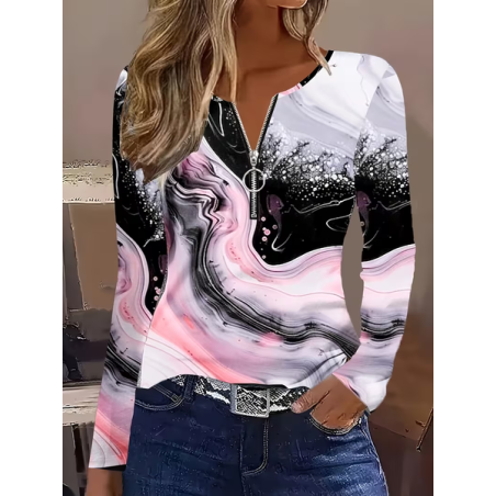 Women Abstract Long Sleeve Tee T-shirt V Neck Printing Vintage Spring/Fall Top