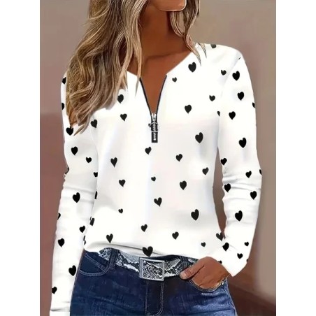 Women Heart/Cordate Long Sleeve Tee T-shirt V Neck Printing Vintage Spring/Fall Top