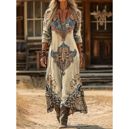 Women Abstract Long Sleeve Spring/Fall Printing Dress V Neck Daily Vintage Maxi H-Line Dress