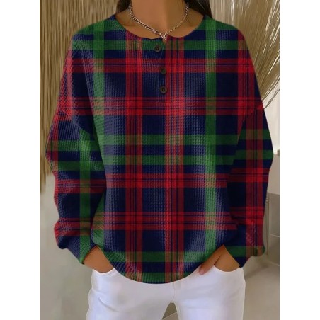 Women Plaid Crew Neck Printing Casual Spring/Fall Long Sleeve Sweatshirt
