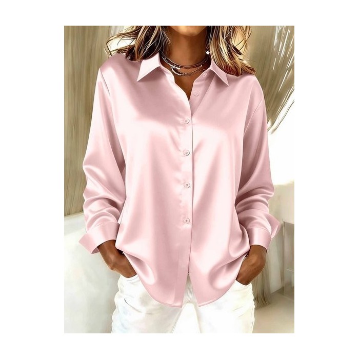 Women Plain Long Sleeve Shirt Spring/Fall Split Joint Shawl Collar Daily Casual Top