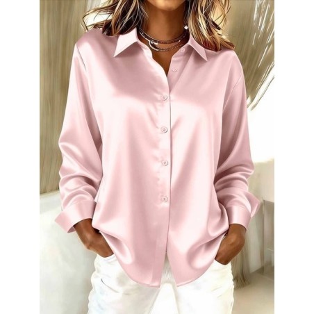 Women Plain Long Sleeve Shirt Spring/Fall Split Joint Shawl Collar Daily Casual Top