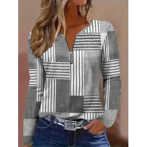 Women Abstract Long Sleeve Tee T-shirt V Neck Printing Vintage Spring/Fall Top