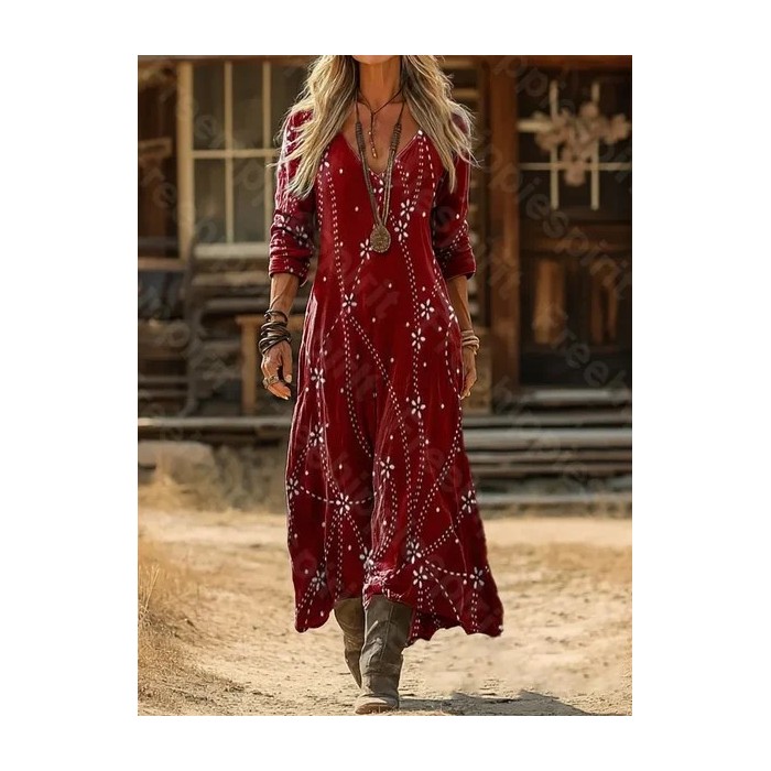 Women Abstract Long Sleeve Spring/Fall Printing Dress V Neck Daily Vintage Maxi H-Line Dress