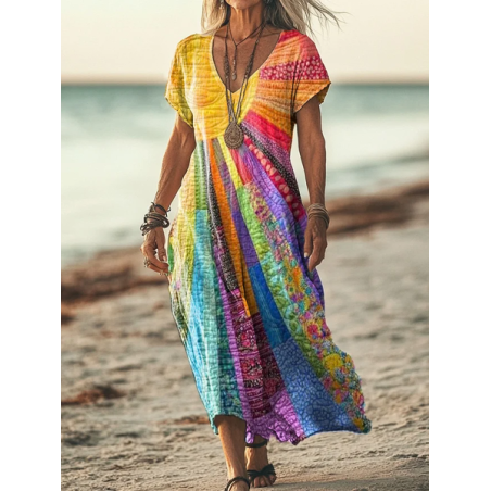 Women's Short Sleeve Summer Floral Printing Dress V Neck Daily Going Out Casual Maxi T-Shirt Dress H-Line Dress