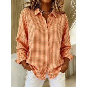Women Plaid Long Sleeve Shirt Spring/Fall Buckle Shirt Collar Regular Sleeve Daily Casual Top
