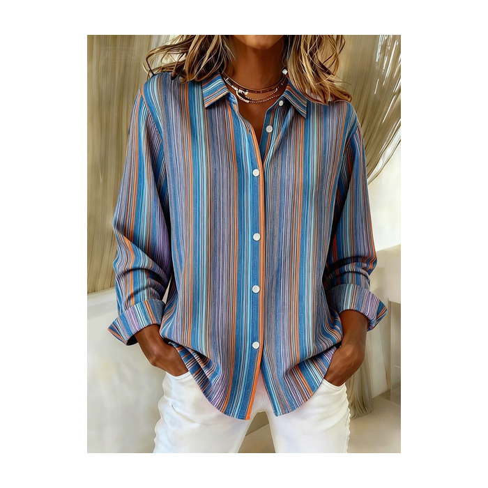 Women Striped Long Sleeve Shirt Spring/Fall Buckle Shirt Collar Regular Sleeve Daily Casual Top