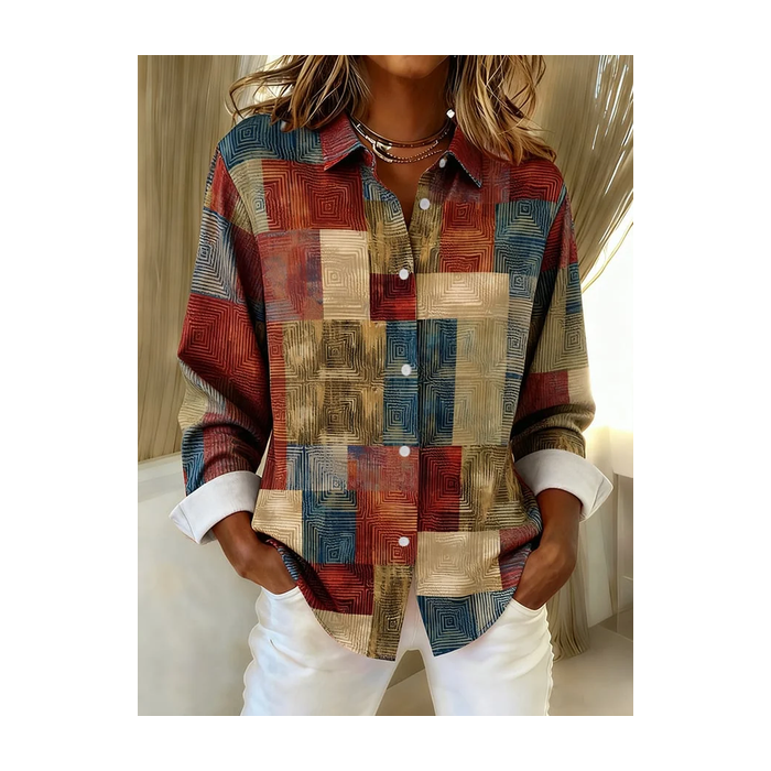 Women Abstract Long Sleeve Shirt Spring/Fall Buckle Shirt Collar Regular Sleeve Daily Casual Top