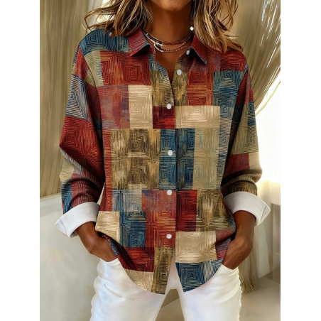 Women Abstract Long Sleeve Shirt Spring/Fall Buckle Shirt Collar Regular Sleeve Daily Casual Top