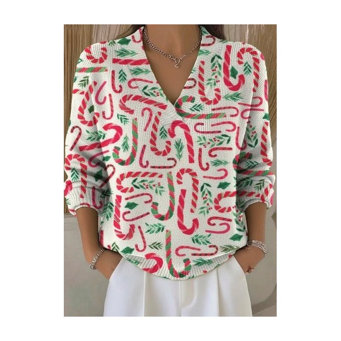 Women Christmas Winter Vintage Long Sleeve V Neck Sweater