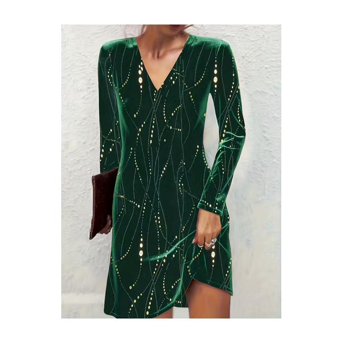 Women Abstract Long Sleeve Summer Printing Dress V Neck Holiday Vintage Midi Tunic A-Line Dress