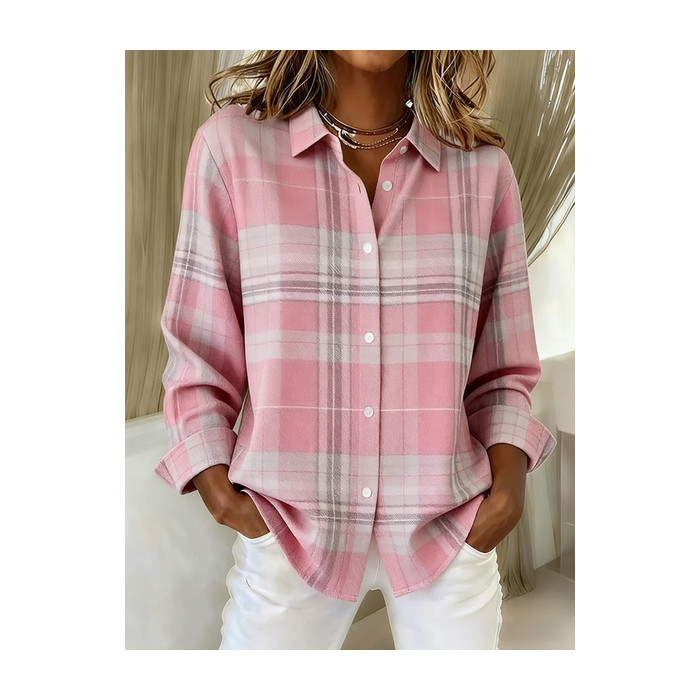 Women Plaid Long Sleeve Shirt Spring/Fall Buckle Shirt Collar Regular Sleeve Daily Casual Top