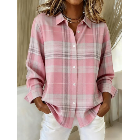 Women Plaid Long Sleeve Shirt Spring/Fall Buckle Shirt Collar Regular Sleeve Daily Casual Top