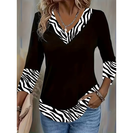 Women Zebra Long Sleeve Tee T-shirt V Neck Printing Casual Spring/Fall Graphic Tee Top