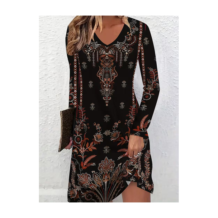 Women Floral Long Sleeve Summer Printing Dress V Neck Holiday Vintage Midi Tunic A-Line Dress