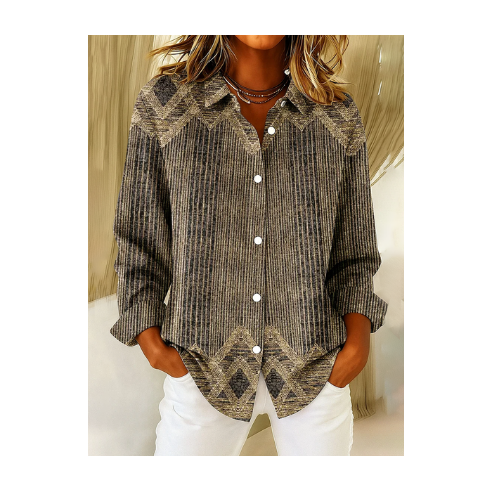 Women Abstract Long Sleeve Shirt Spring/Fall Buckle Shirt Collar Regular Sleeve Daily Casual Top