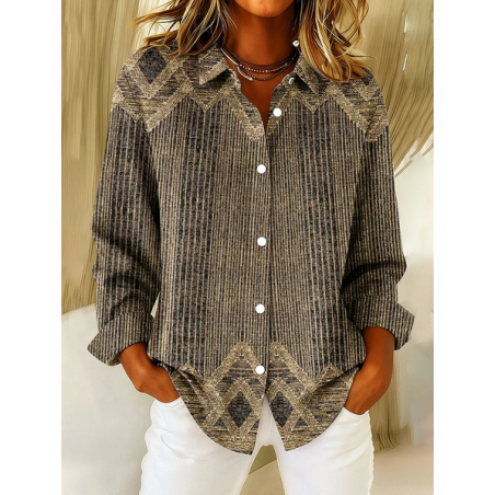 Women Abstract Long Sleeve Shirt Spring/Fall Buckle Shirt Collar Regular Sleeve Daily Casual Top