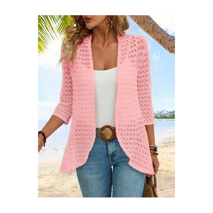 Women's 3/4 Sleeve Plain Jacquard Vacation Loose Cardigan / Kimono