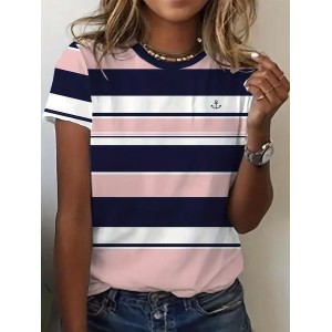 Women Striped Short Sleeve Tee T-shirt Crew Neck Printing Casual Summer Graphic Tee Top