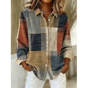 Women Abstract Long Sleeve Shirt Spring/Fall Buckle Shirt Collar Regular Sleeve Daily Casual Top