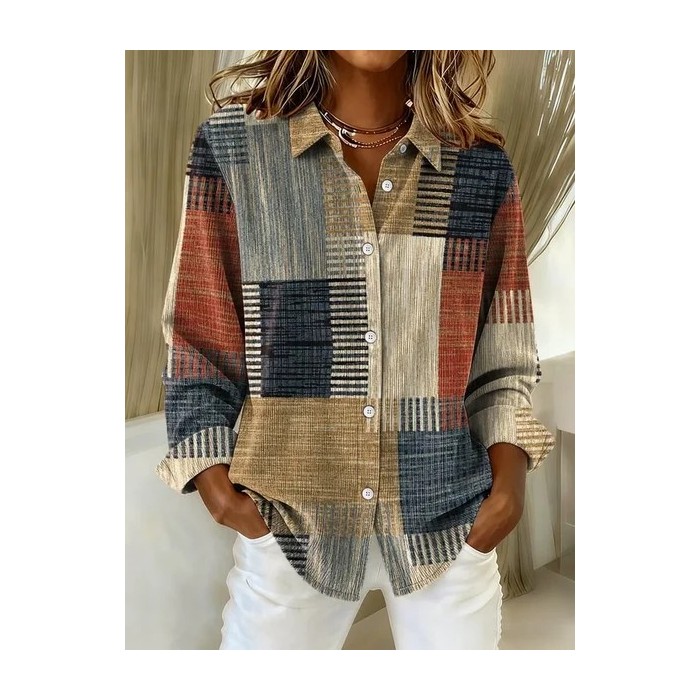 Women Abstract Long Sleeve Shirt Spring/Fall Buckle Shirt Collar Regular Sleeve Daily Casual Top