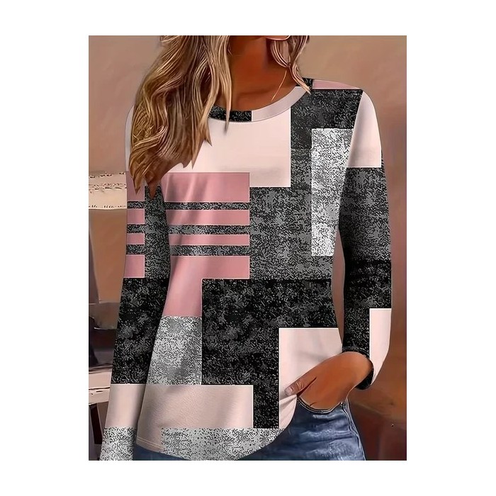 Women Abstract Long Sleeve Tee T-shirt Crew Neck Printing Casual Spring/Fall Graphic Tee Top