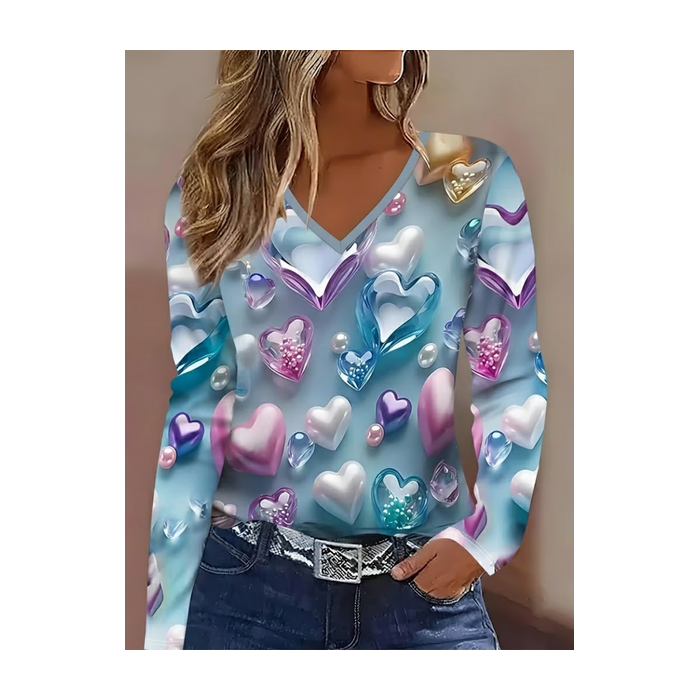 Women Heart/Cordate Long Sleeve Tee T-shirt V Neck Printing Casual Spring/Fall Graphic Tee Top