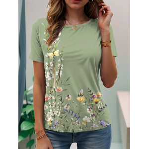 Women Floral Short Sleeve Tee T-shirt Crew Neck Printing Casual Summer Graphic Tee Top