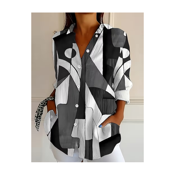 Women Abstract Long Sleeve Shirt Spring/Fall Buckle Shirt Collar Regular Sleeve Daily Casual Top