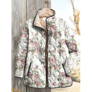 Women's Vintage Printing Winter Floral Stand Collar Padded Parka