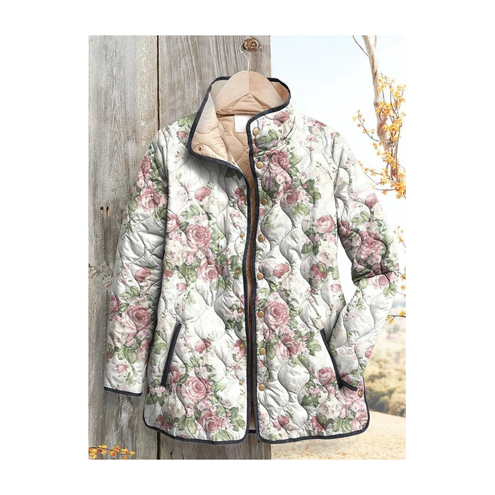 Women's Vintage Printing Winter Floral Stand Collar Padded Parka