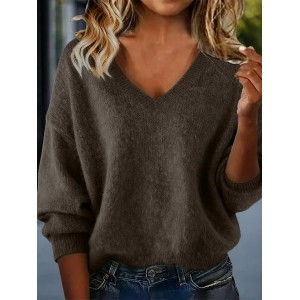Women Plain Split Joint Winter Sexy Long Sleeve V Neck Sweater