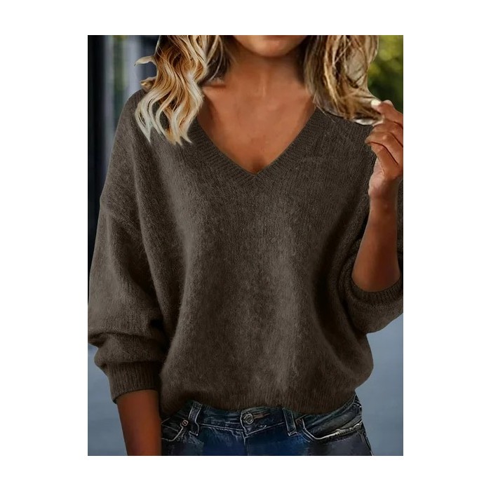 Women Plain Split Joint Winter Sexy Long Sleeve V Neck Sweater