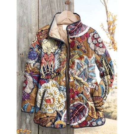 Women's Vintage Printing Winter Floral Stand Collar Padded Parka