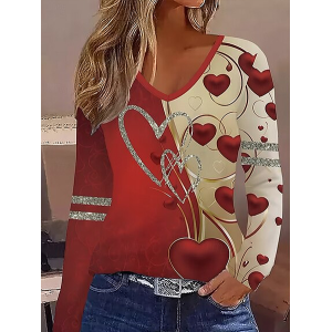 Women Heart/Cordate Long Sleeve Tee T-shirt V Neck Printing Casual Spring/Fall Graphic Tee Top