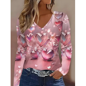 Women Heart/Cordate Long Sleeve Tee T-shirt V Neck Printing Casual Spring/Fall Graphic Tee Top