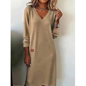 Women Plain Long Sleeve Spring/Fall Split Joint Dress V Neck Daily Casual Maxi T-Shirt Dress A-Line Dress