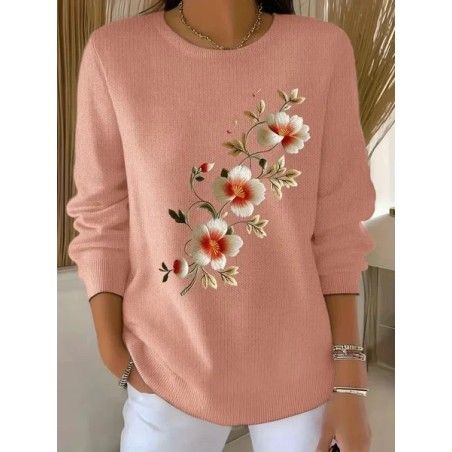 Women Floral Printing Spring/Fall Casual Long Sleeve Crew Neck Sweater