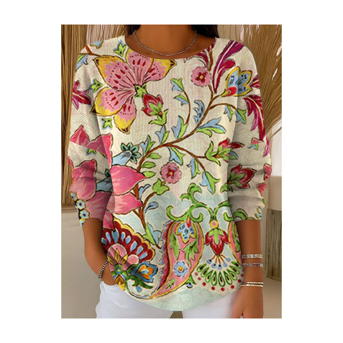 Women Floral Printing Spring/Fall Casual Long Sleeve Crew Neck Sweater