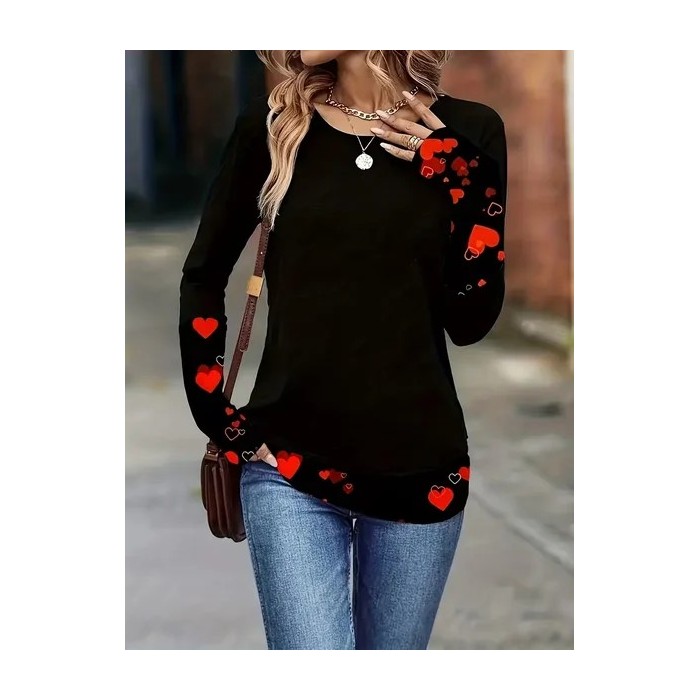 Women Heart/Cordate Long Sleeve Tee T-shirt Crew Neck Casual Spring/Fall Tunic Top