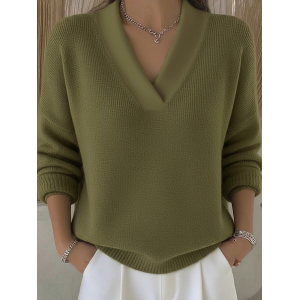 Women Plain Split Joint Spring/Fall Street Long Sleeve V Neck Cotton Sweater
