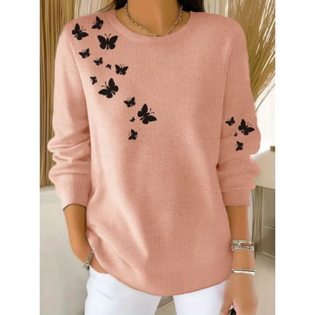 Women Butterfly Printing Spring/Fall Casual Long Sleeve Crew Neck Sweater