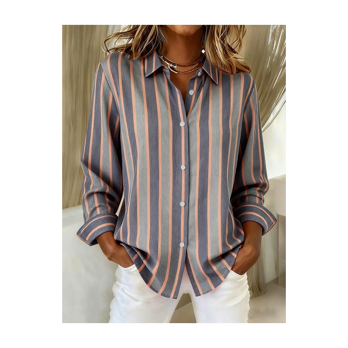 Women Striped Long Sleeve Shirt Spring/Fall Buckle Shirt Collar Regular Sleeve Daily Casual Top