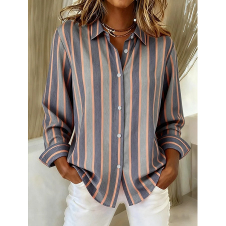 Women Striped Long Sleeve Shirt Spring/Fall Buckle Shirt Collar Regular Sleeve Daily Casual Top