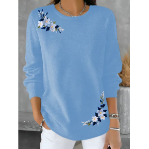 Women Floral Printing Spring/Fall Casual Long Sleeve Crew Neck Sweater