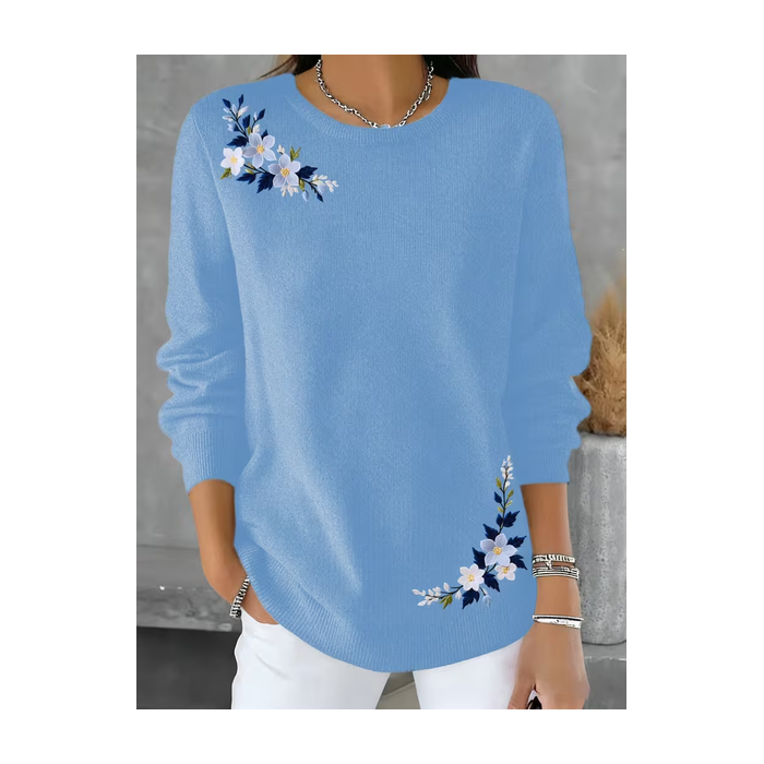 Women Floral Printing Spring/Fall Casual Long Sleeve Crew Neck Sweater