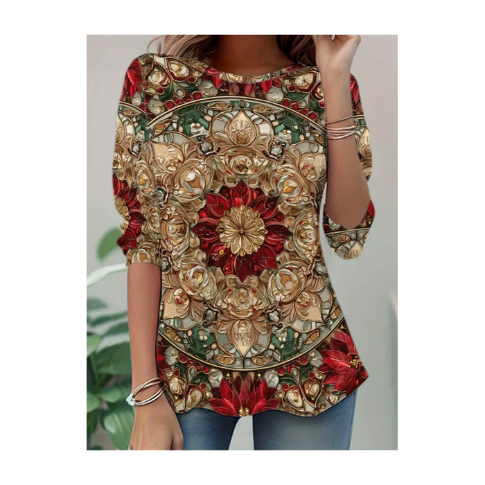 Women Abstract Long Sleeve Tee T-shirt Crew Neck Casual Spring/Fall Tunic Top