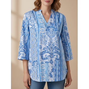 JFN V Neck Tribal Vacation 3/4 Sleeve Boho Blouse