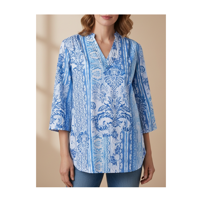 JFN V Neck Tribal Vacation 3/4 Sleeve Boho Blouse