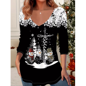 Women Christmas Snowman Long Sleeve Tee T-shirt V Neck Printing Casual Spring/Fall Graphic Tee Top